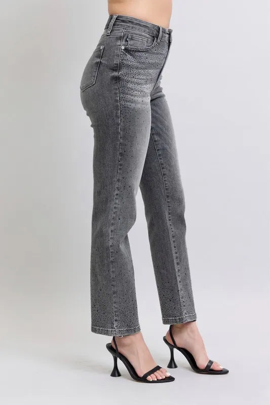 Judy Blue Gray High Waist Rhinestone Straight Jeans
