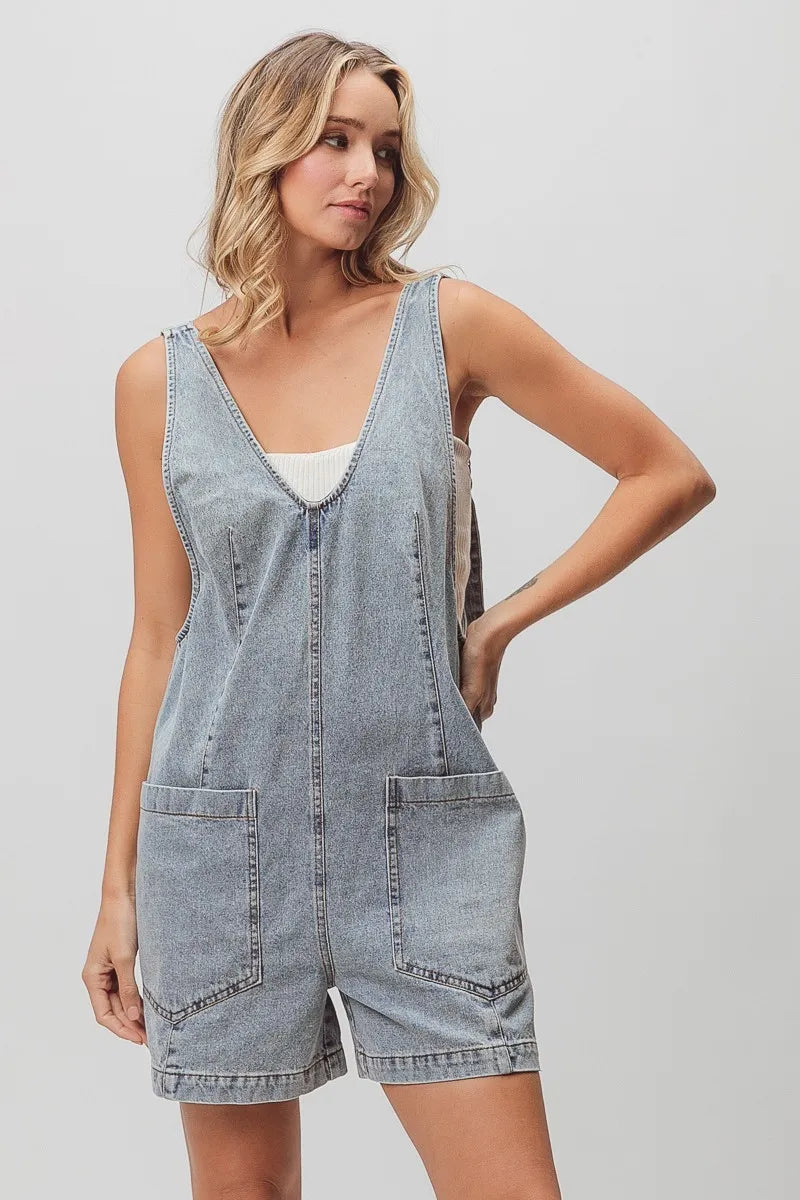 BiBi Patch Vintage Washed Denim Shortall