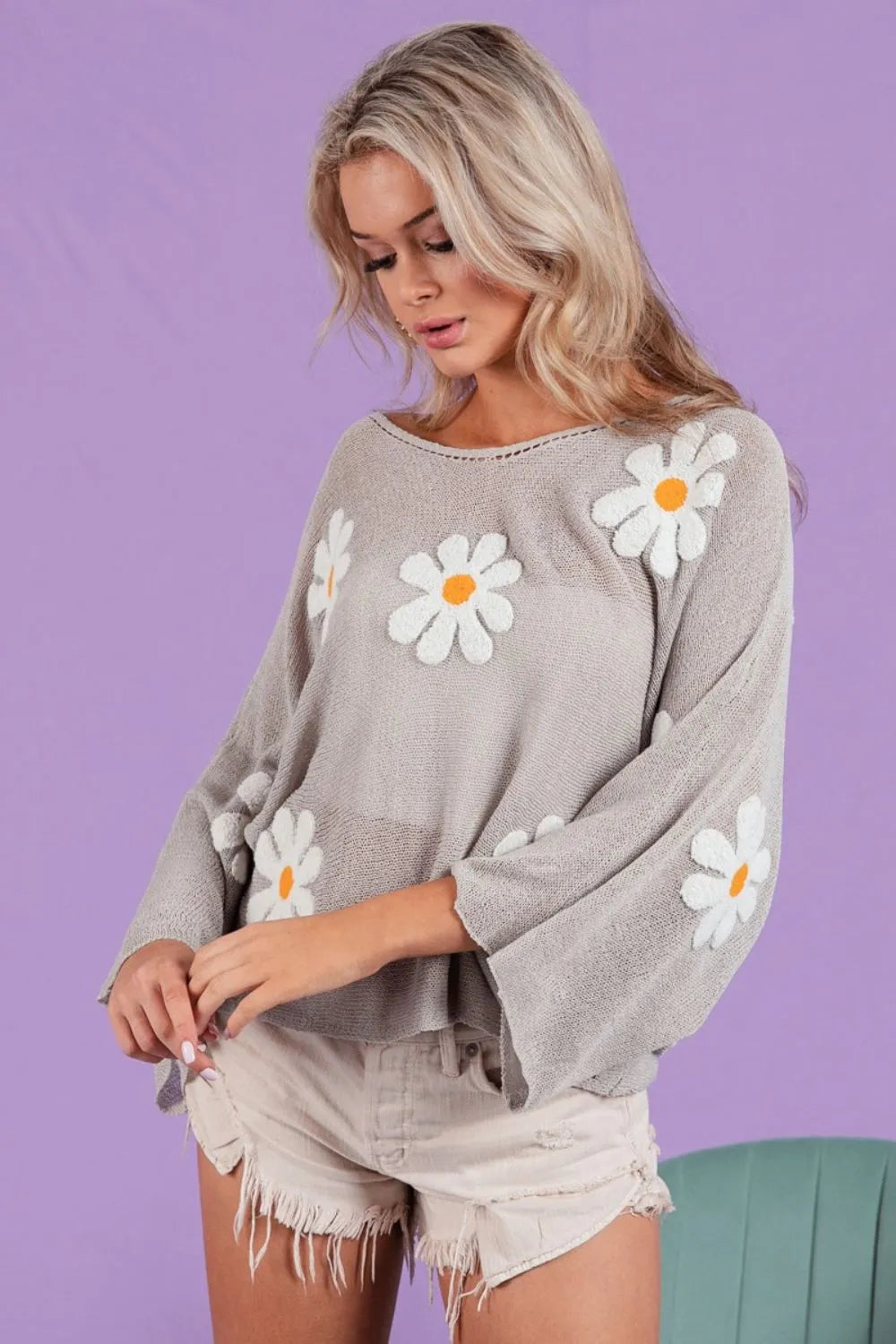 BiBi Grey Flower Embroidery Loose Fit Knit Top GREY