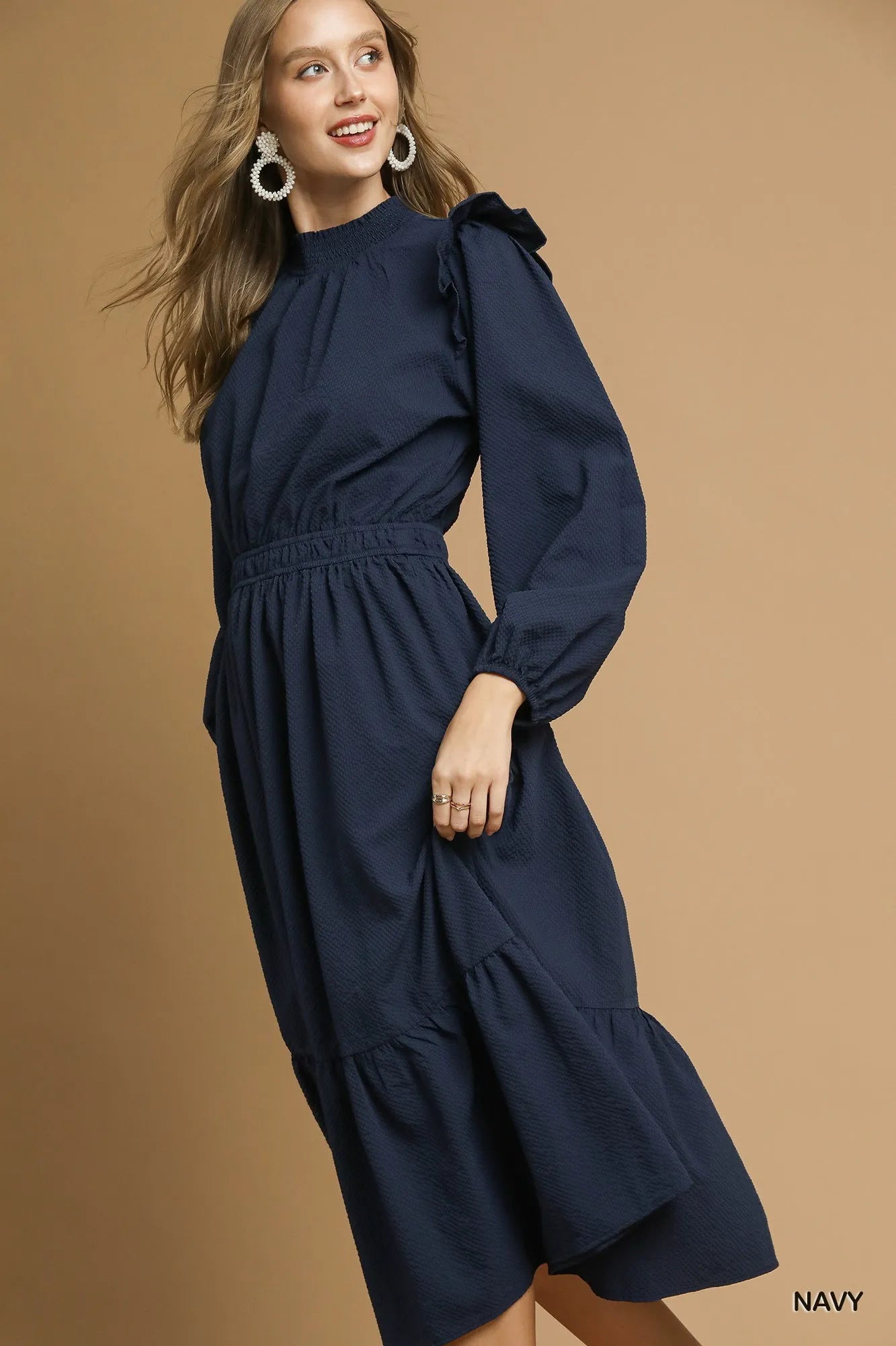 Umgee Navy Textured Midi Dress with Ruffle Shoulder Detail