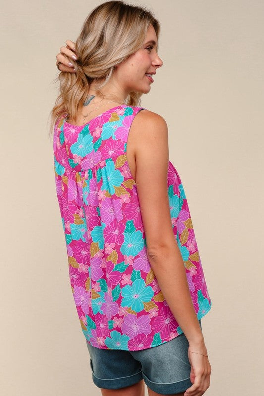 Haptics Fuchsia Square Neck Floral Bow Tie Top