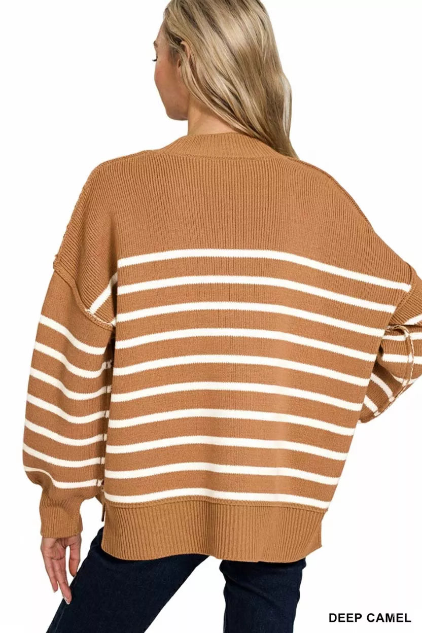 Zenana Deep Camel Exposed Seam Striped Oversized Sweater
