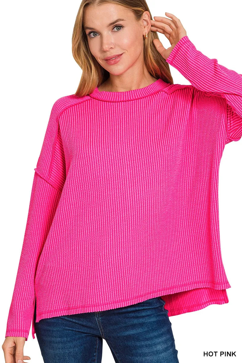 Zenana Hot Pink Exposed Seam Long Sleeve Corded Rib Knit Top
