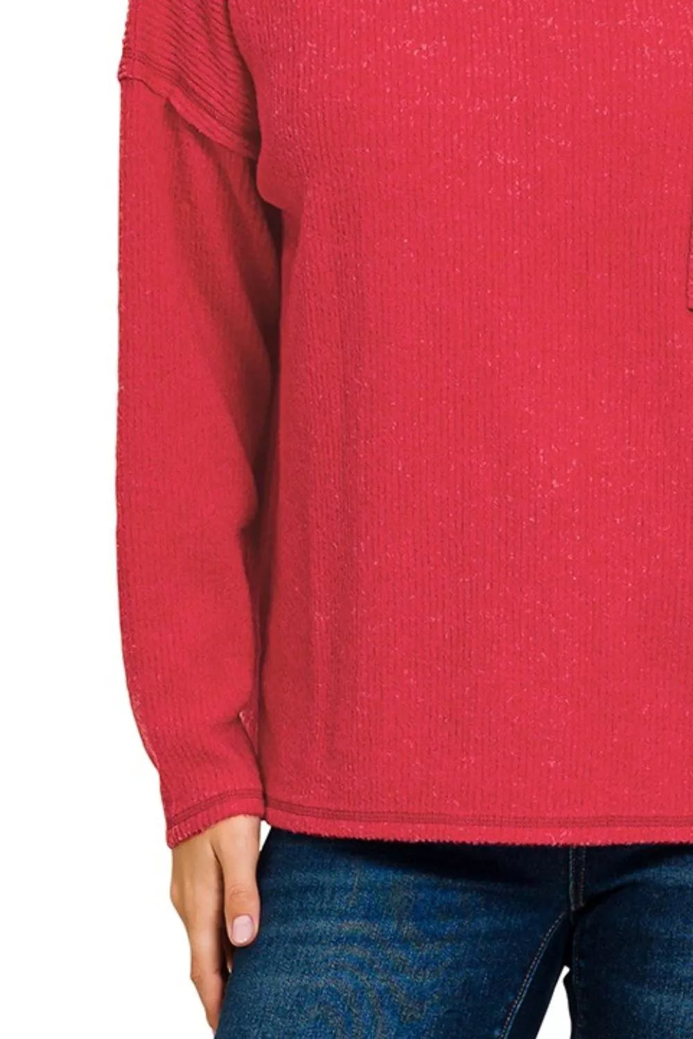 Zenana Dark Red Ribbed Brushed Melange Hacci Sweater with Chest Pocket