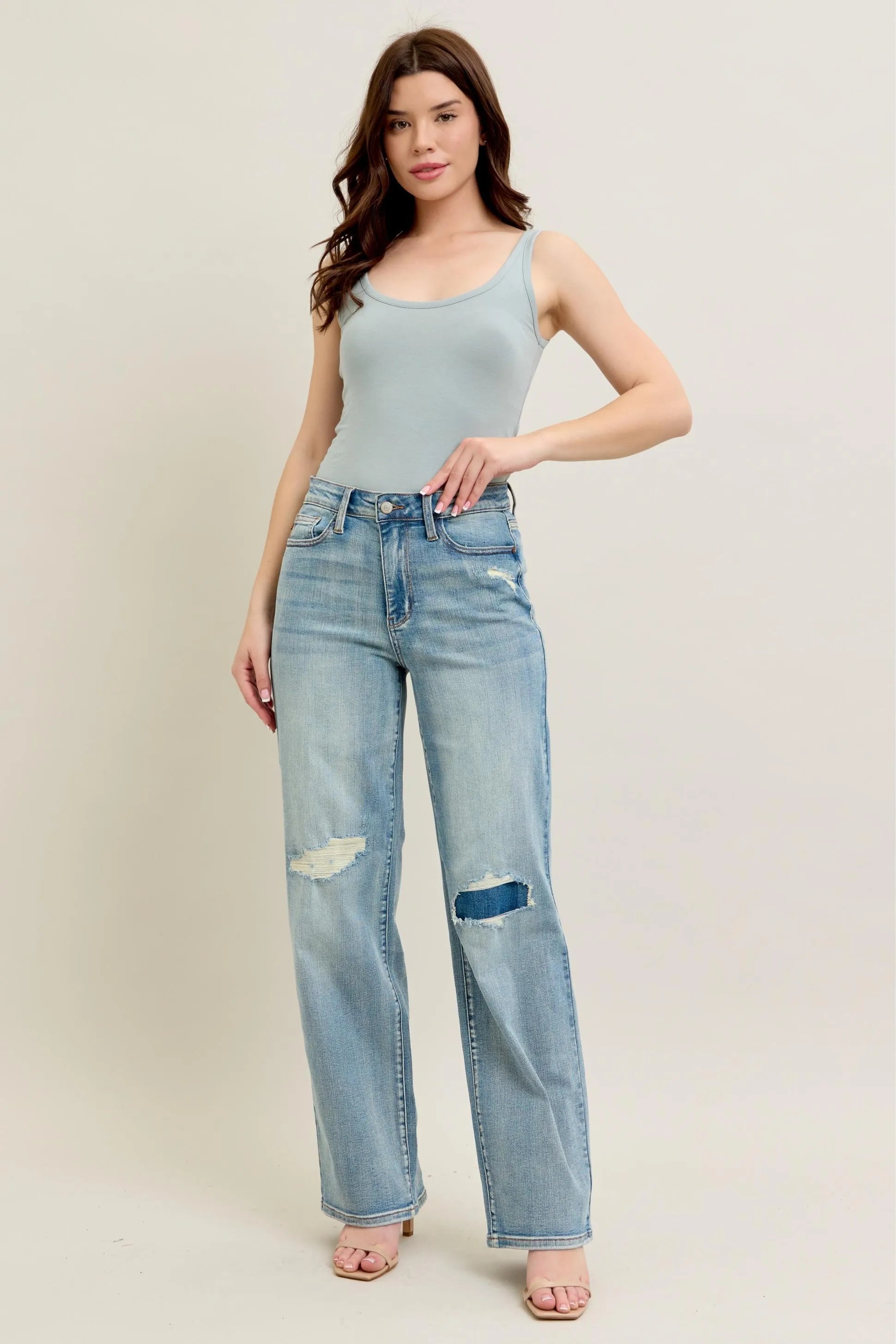 Judy Blue Waisted Distressed & Knee Patch Straight Jeans