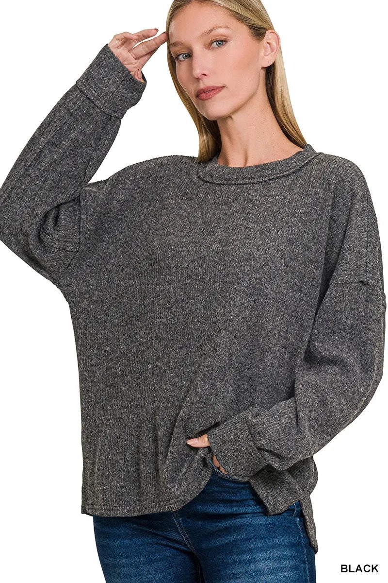 Zenana Black Brushed Ribbed Hacci Drop Shoulder Sweater BLACK