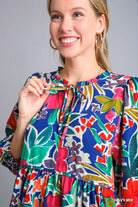 Umgee Navy Mix Floral Print Tie Neck Midi Dress with Pockets