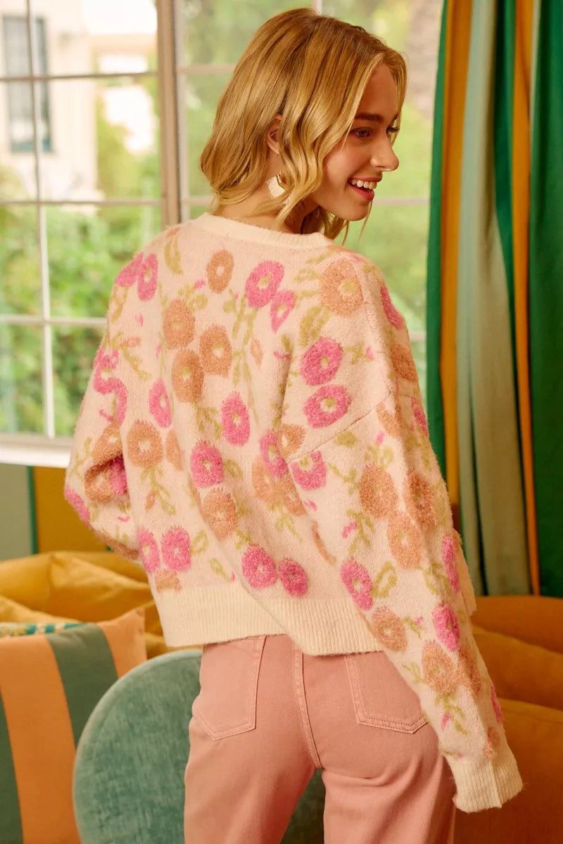 BiBi Ivory Towel Texture Floral Pattern Vintage Sweater