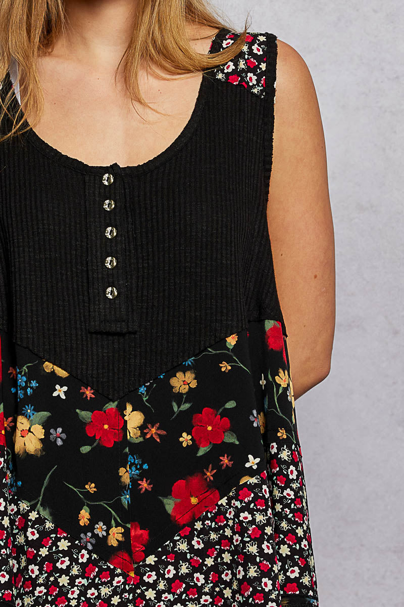POL Black Round Neck Ribbed Tank with Woven Print Patch