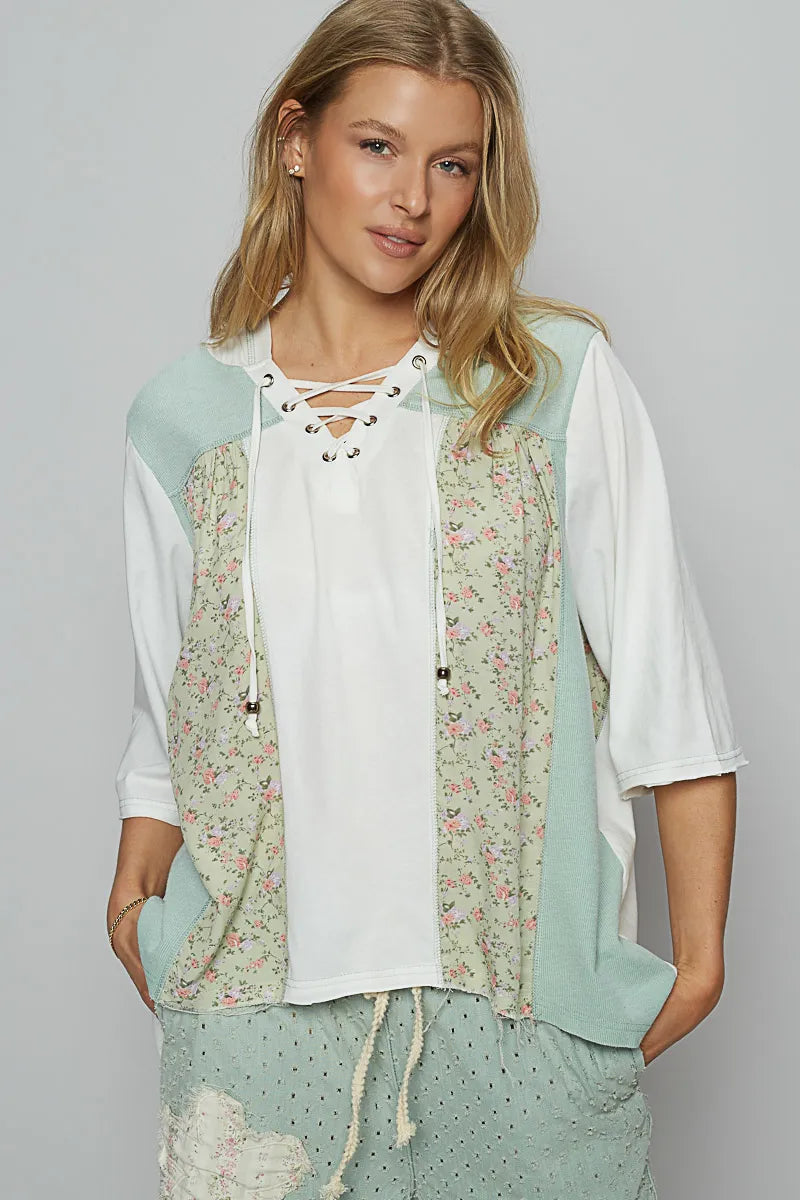 POL Ivory Lace-Up Hooded T-Shirt with Paisley Panel Detail Light Green