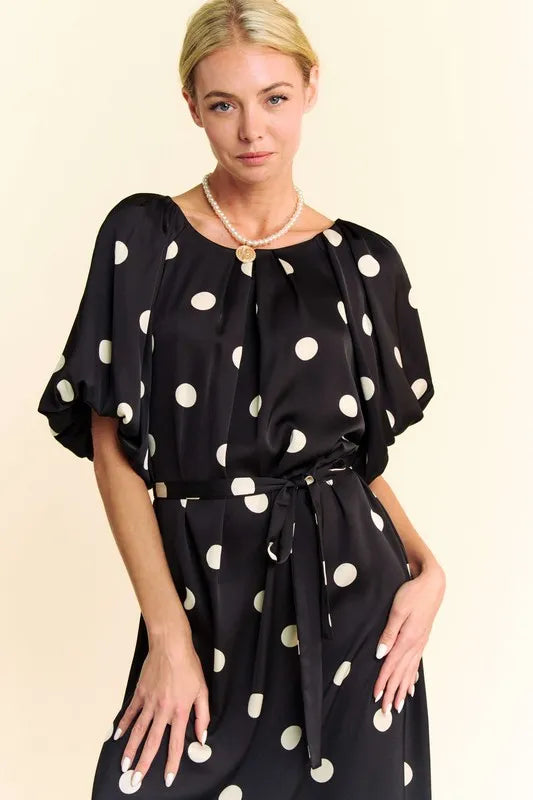 Davi & Dani Black Polka Dot Puff Sleeves Waist Tie Midi Dress