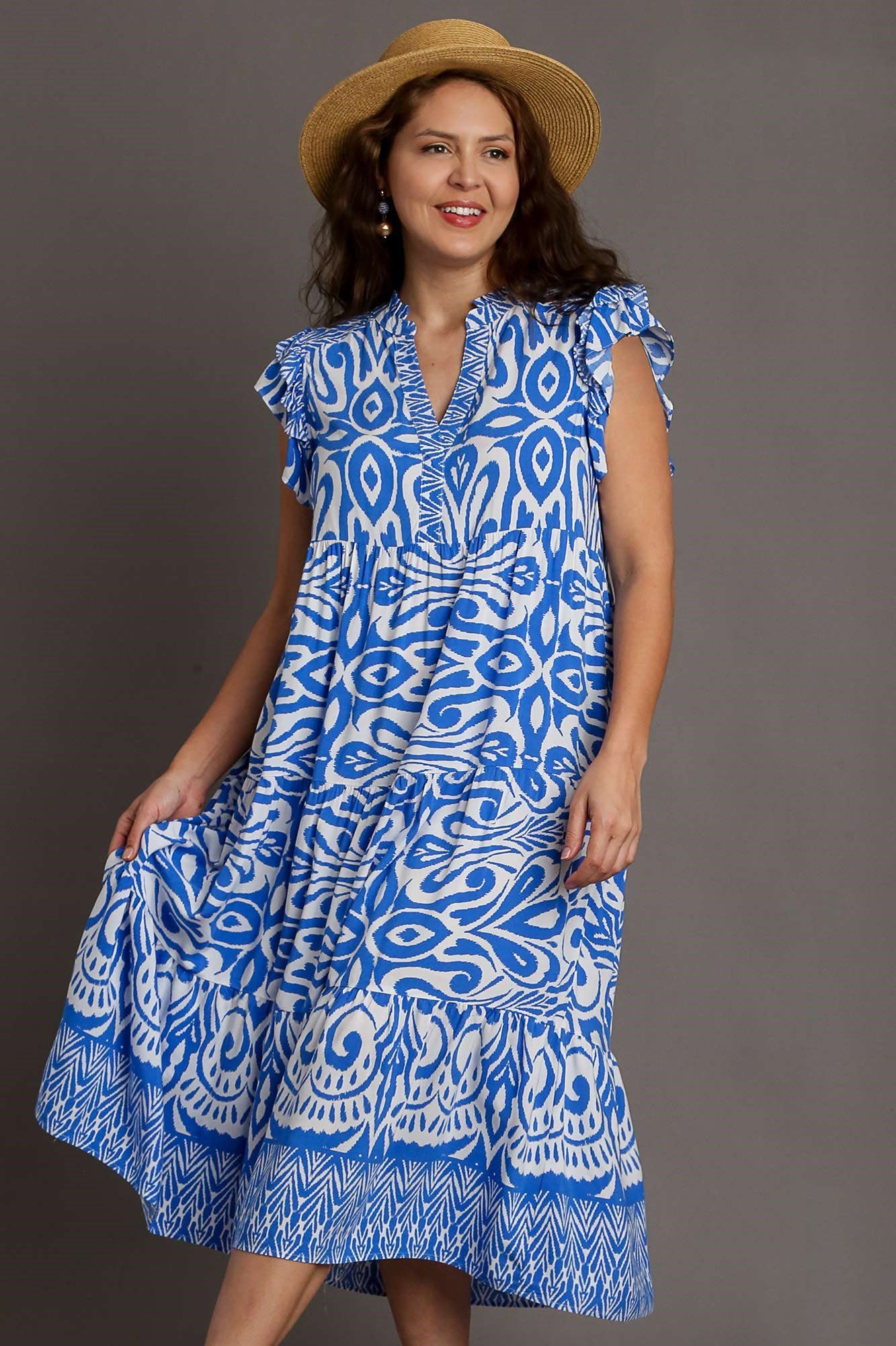Umgee Blue Two Tone Border Print Ruffle Cap Sleeve Midi Dress