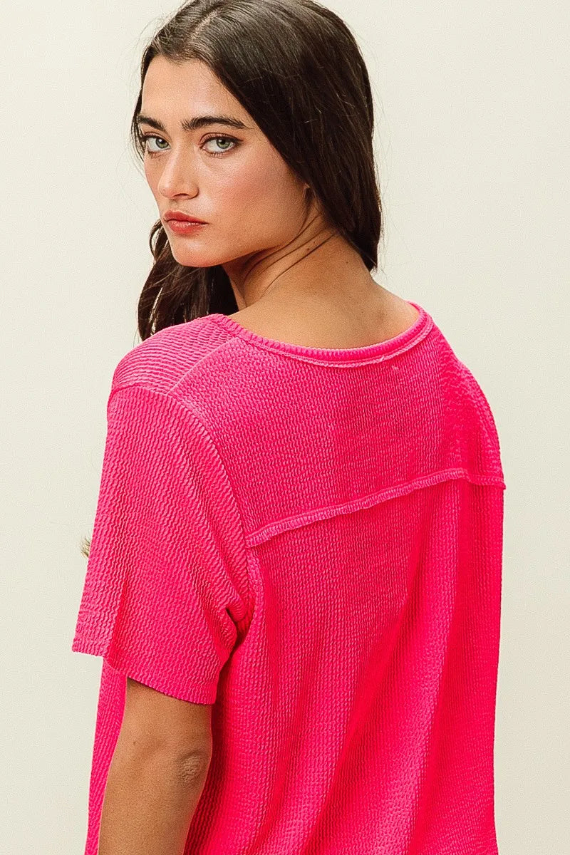 BiBi Fuchsia Waved Rib U Neck Top With Front Pocket