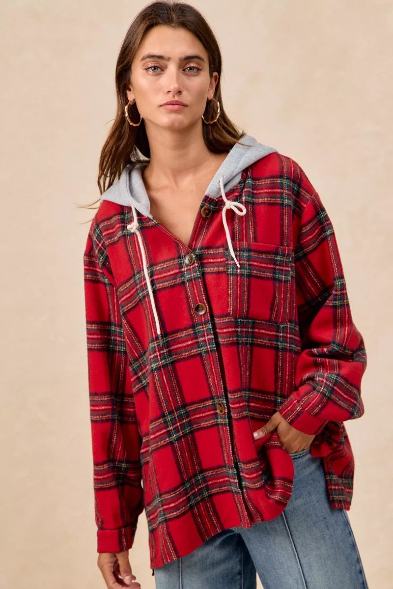 BiBi Brushed Plaid Hooded Jacket