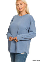 Zenana Dusty Blue Raised Rib Round Neck Long Sleeve Top