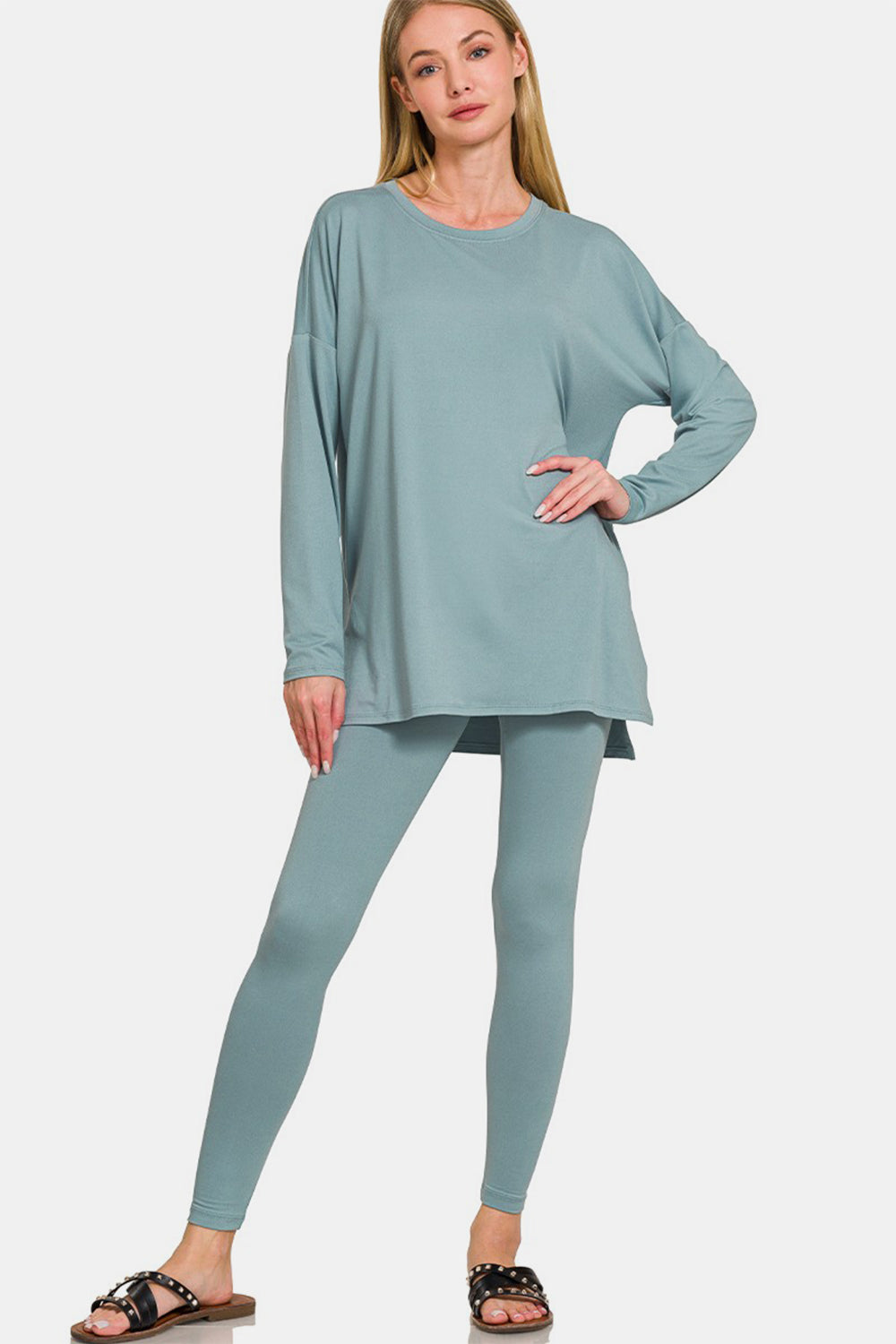 Zenana Blue Grey Brushed Microfiber Long Sleeve Top and Leggings Lounge Set Blue Grey Loungewear
