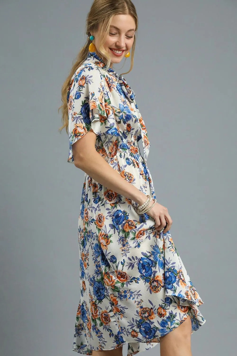 Umgee Royal Blue Flutter Sleeve Bow Tie Floral Midi Dress