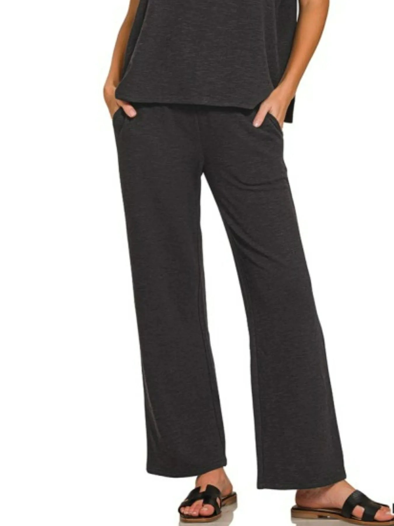 Zenana Black Slub Short Sleeve T-Shirt and Pants Set