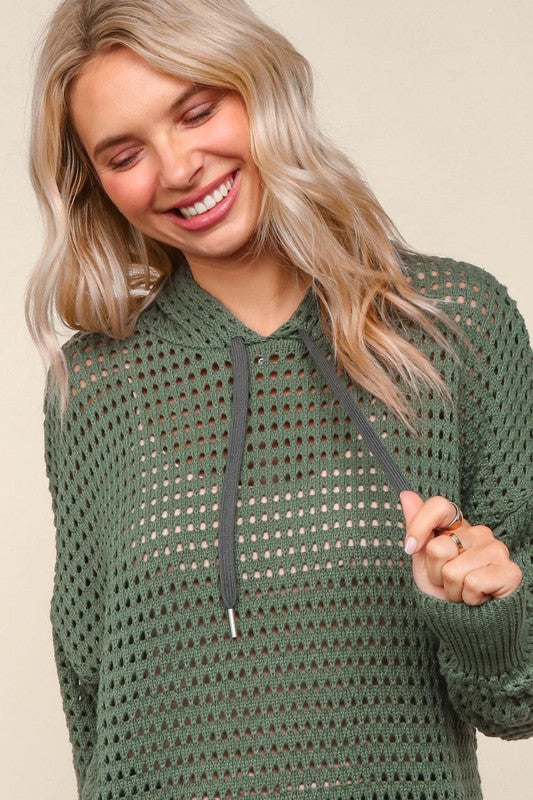 Haptics Fishnet Drawsting Olive Oversized Pullover Hoodie