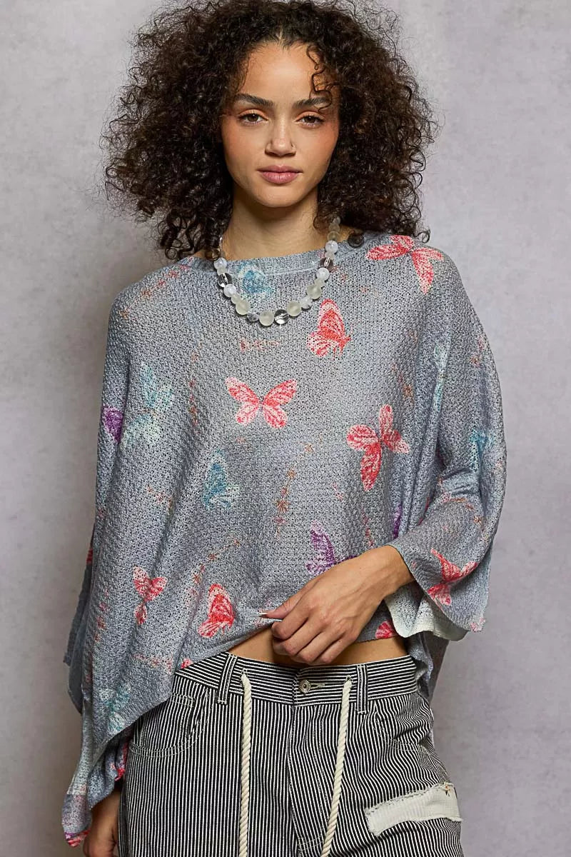 POL Heather Grey Butterflies Pattern Round Neck knit Top with Outseam Rolling Edge HEATHER GREY