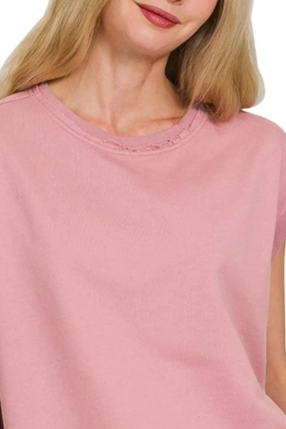 Zenana Light Rose French Terry Round Neck Cap Sleeve T-Shirt