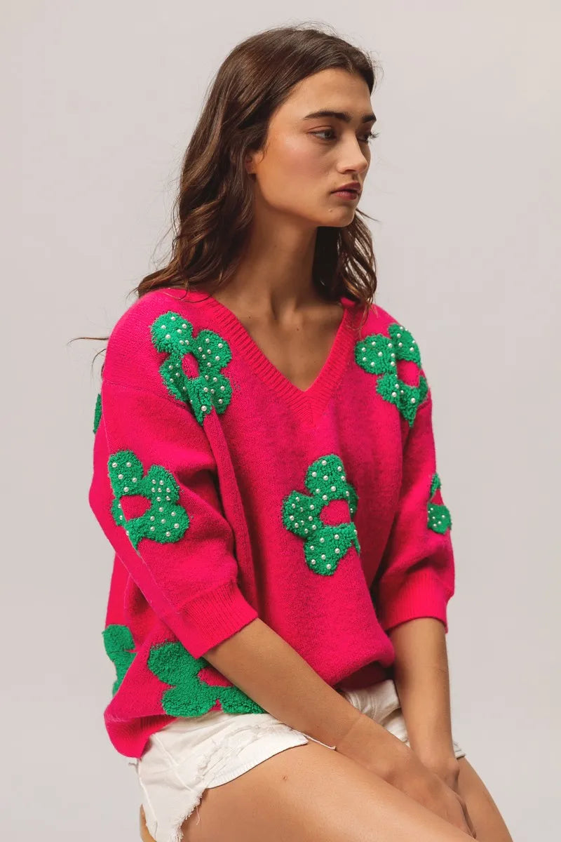 BiBi Fuchsia & Jade Pearl Beads Flowers Sweater Top