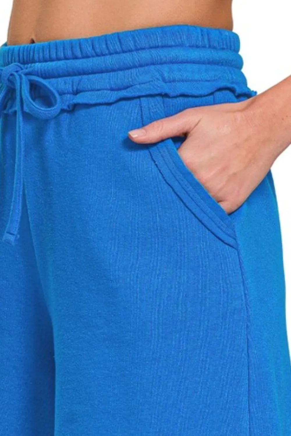 Zenana Ocean Blue Fleece Raw Hem Shorts With Draw String