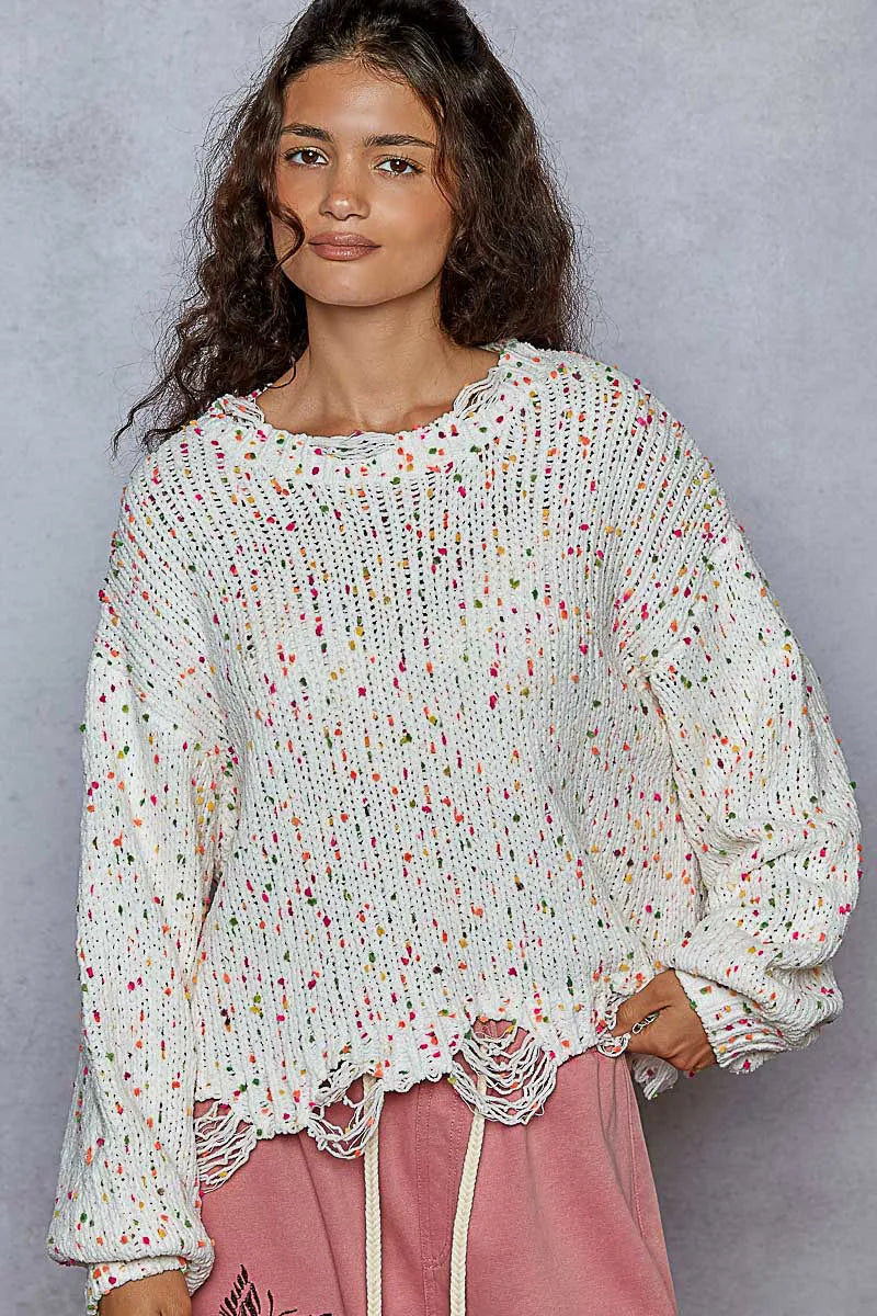 POL White Pink Round Neck Fringed Hem Sweater