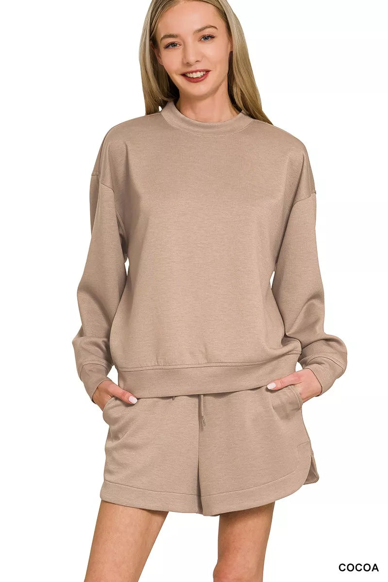 Zenana Cocoa Scuba Long Sleeve Sweatshirt and Shorts Set