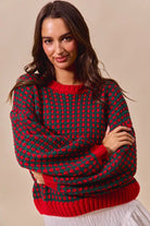 SO ME Red & Hunter Green Textured Two Tone Sweater RED HUNTER