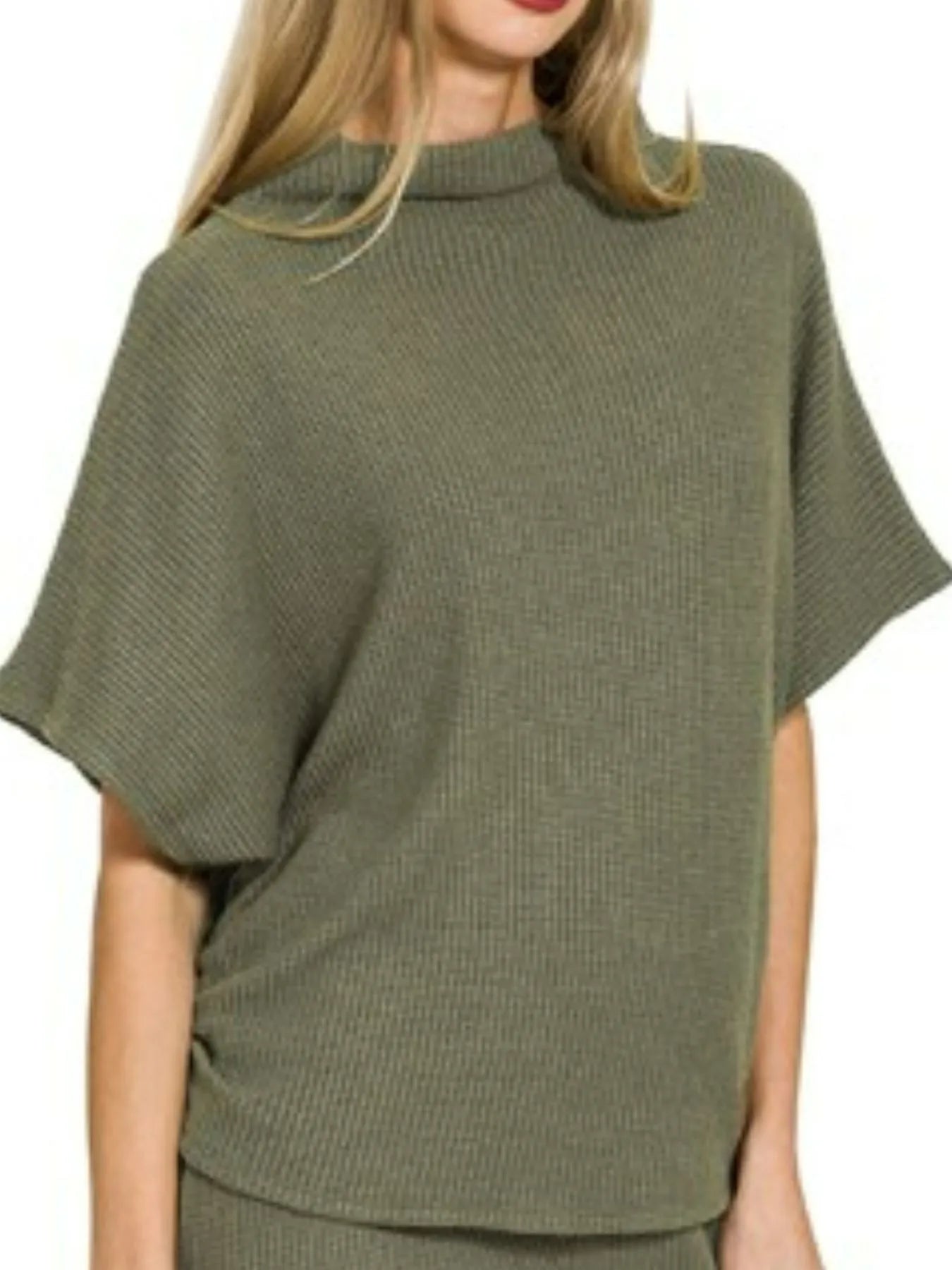 Zenana Dark Olive Mock Neck Top and Pants Sweater Set
