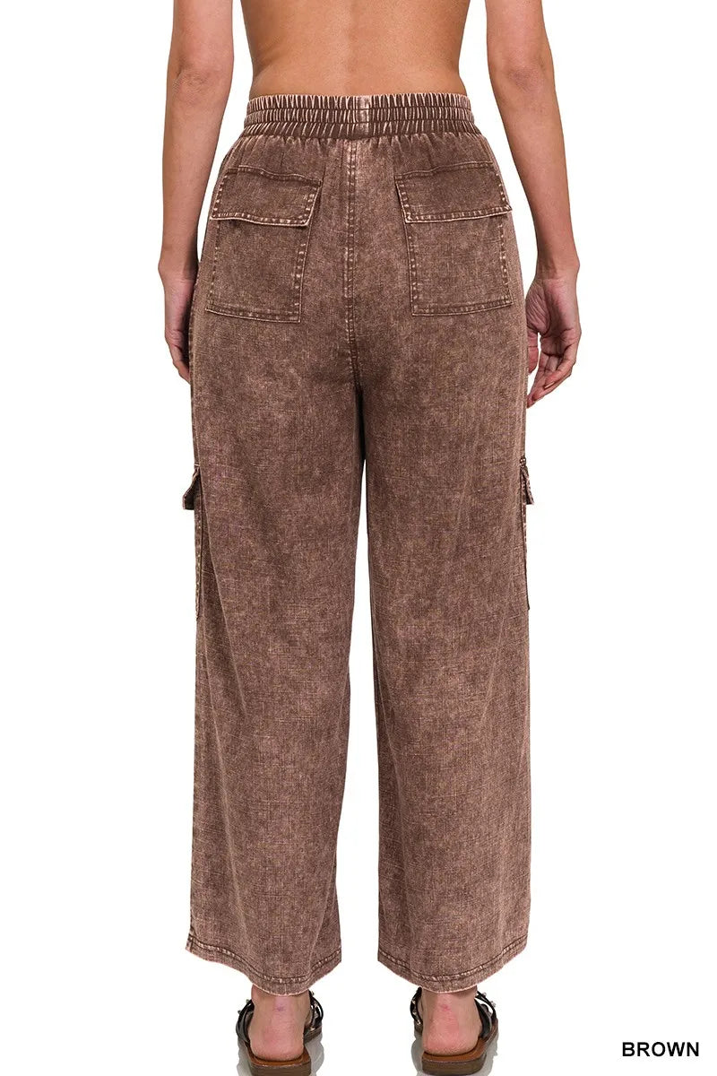Zenana Brown Washed Linen Elastic Band Waist Cargo Pants