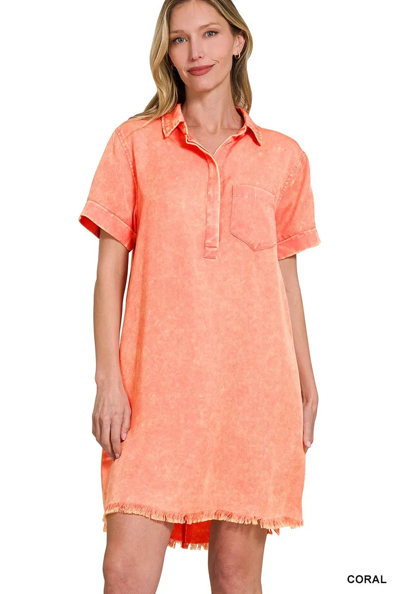Zenana Coral Tencel Mineral Washed Collared Shirts Dress CORAL