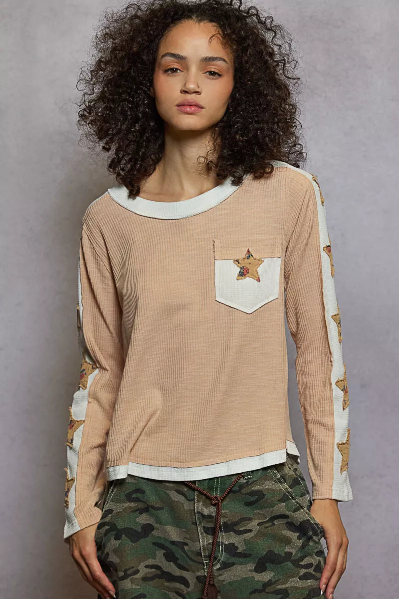 POL Nude Beige Round Neck Long Sleever T-Shirt with Star Patches NUDE BEIGE