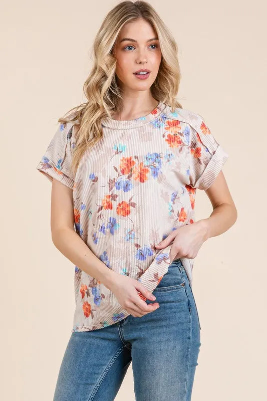BOMBOM Floral Round Neck RIbbed T-Shirt AS SHOWN