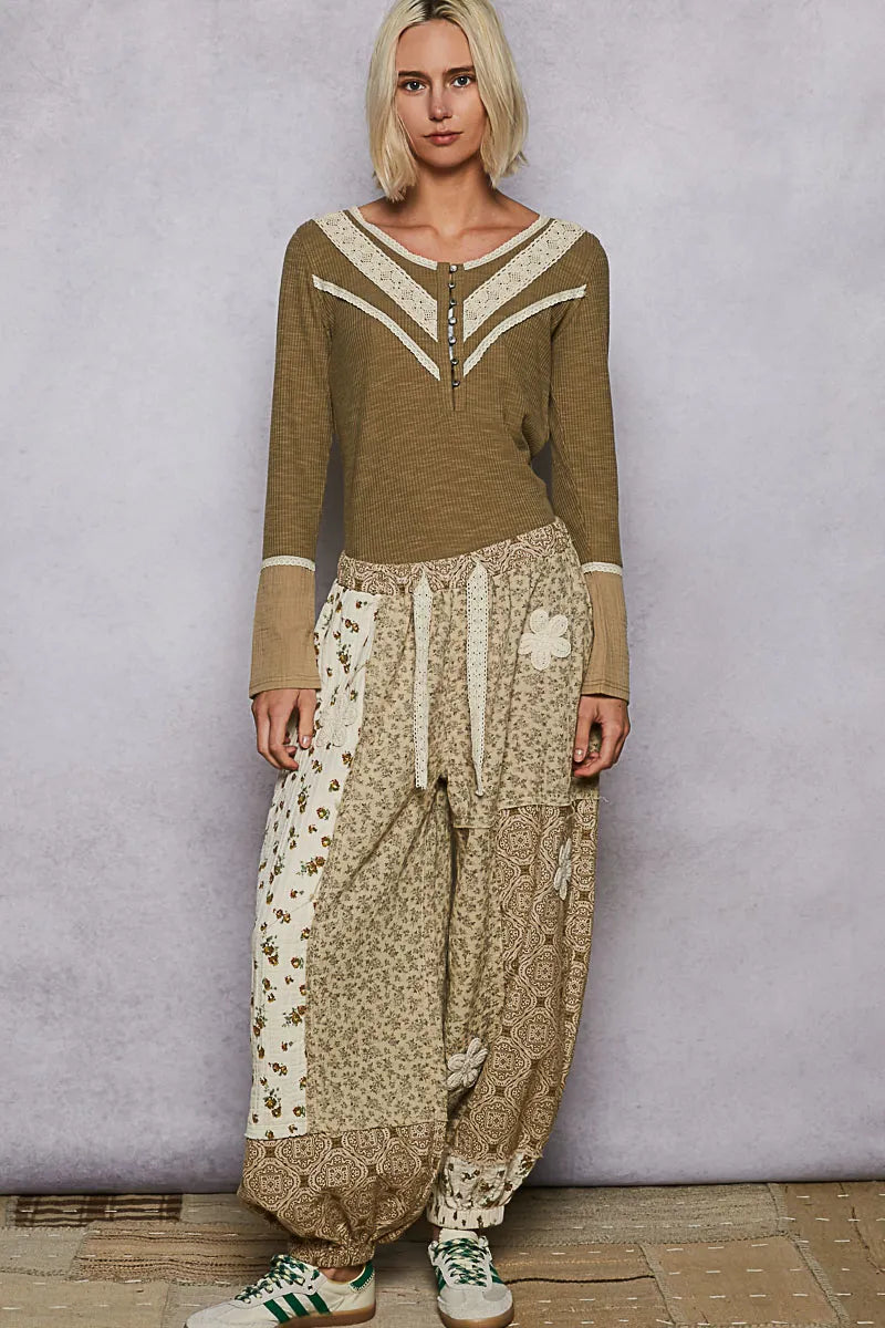 POL Olive Ribbed Half Button Lace Detail Knit Top