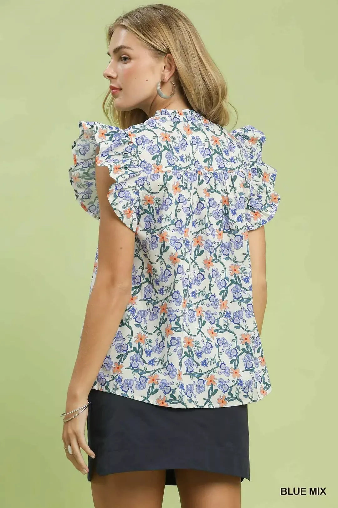 Umgee Blue Floral Print Ruffle Cap Sleeve Blouse