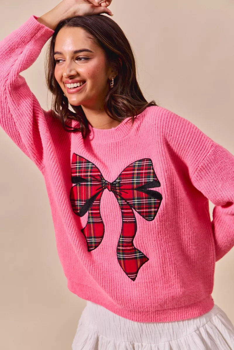 SO ME Pink Checker Plaid Ribbon Christmas Holiday Sweater