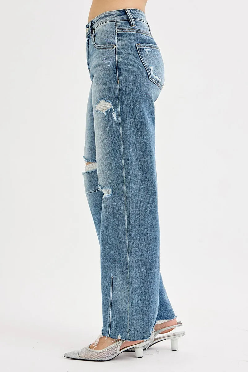 RISEN Medium Washed Distressed Mid Rise Wide Baggy Leg