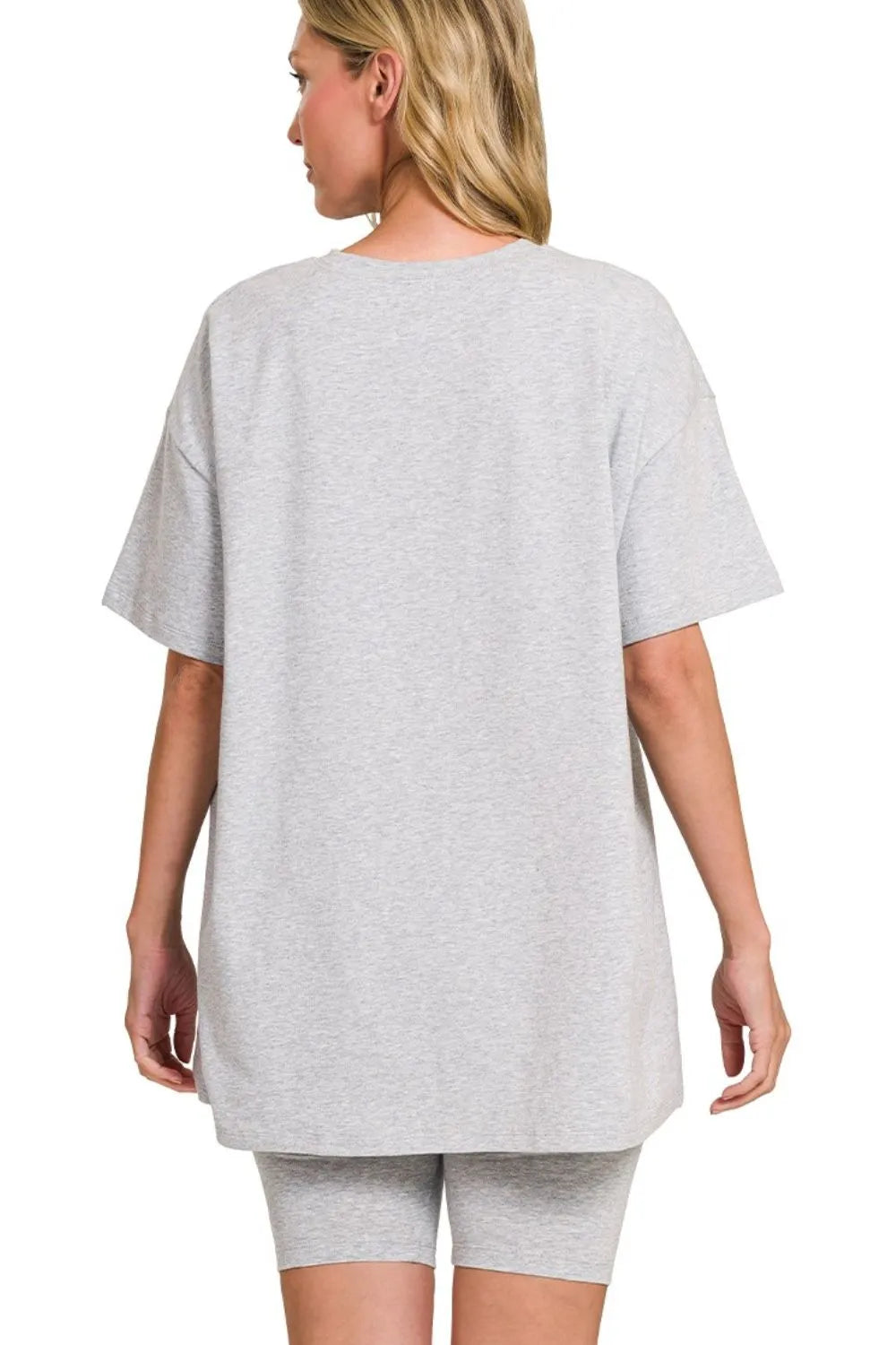 Zenana Dusty Blue Cotton Round Neck Top & Biker Shorts