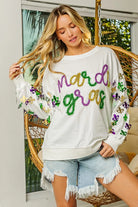 BiBi Off White Fleur De Lis Sleeve Mardi Gras Pullover