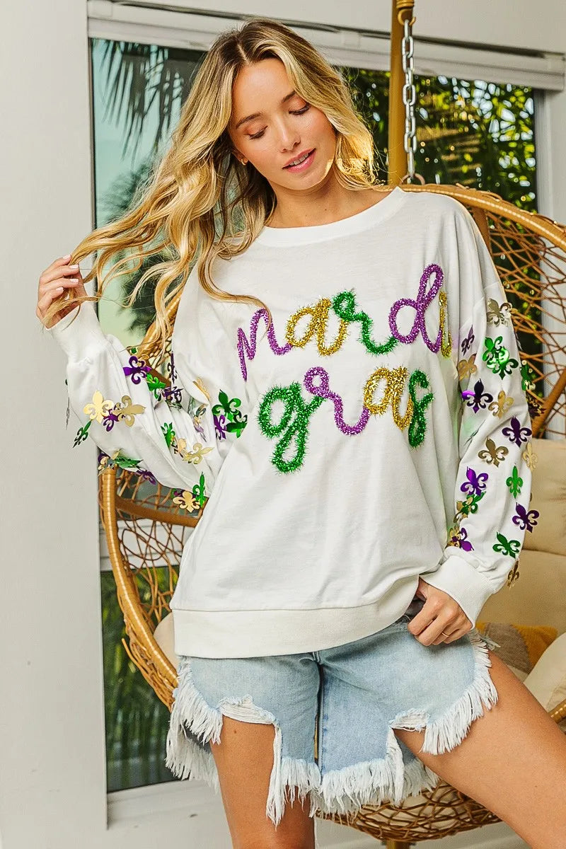 BiBi Off White Fleur De Lis Sleeve Mardi Gras Pullover