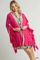 Umgee Pink Ruffle Trim Kimono with Crochet Accent Pink