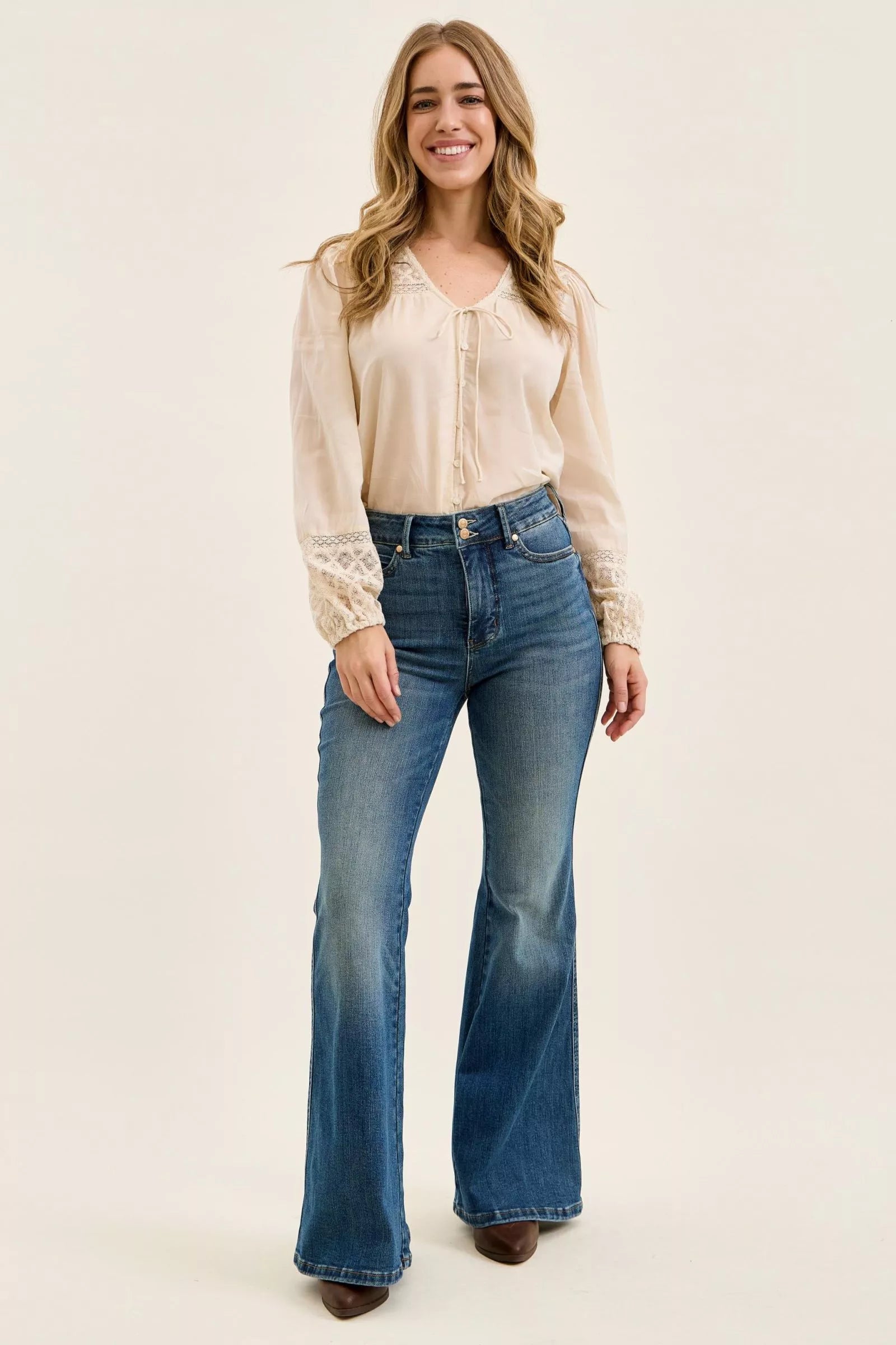 Judy Blue Dark Washed High Waist Double Button Tummy Control Flare Jeans