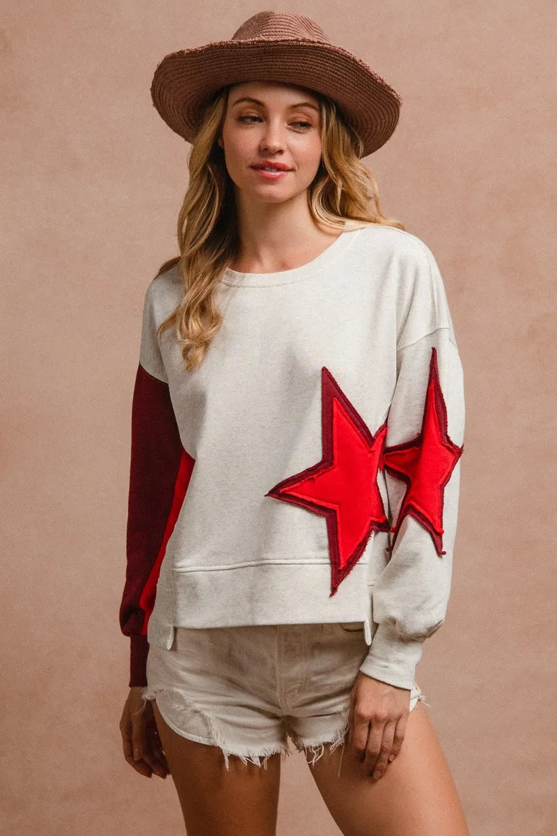 BiBi Star Patch And Spliced Hemline French Terry Long Sleeve Sweatshirt