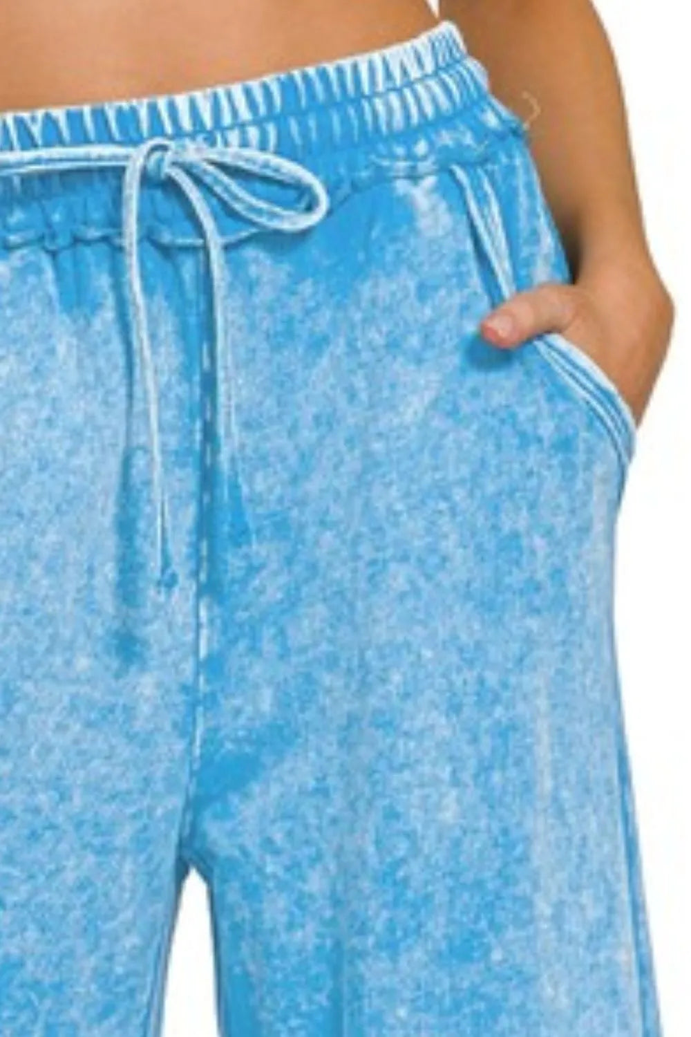 Zenana Deep Sky Washed French Terry Palazzo With Pockets