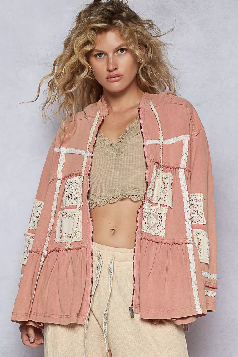 POL Dusty Pink Embroidered Patch Hooded Jacket with Lace Detail DUSTY PINK