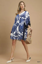 Umgee Navy Abstract Print Kimono Sleeve Mini Dress