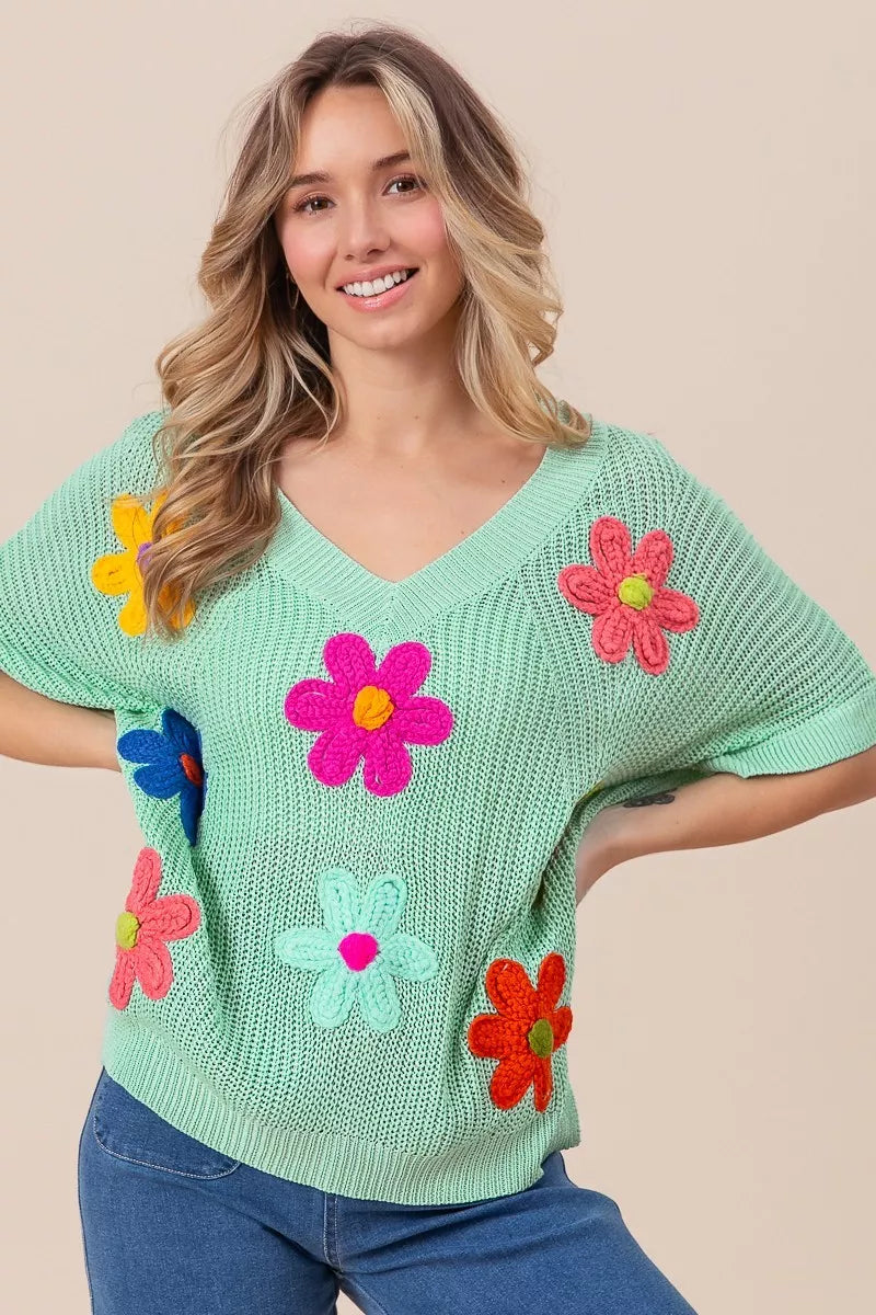 BiBi Flower Patches Dolman Short Sleeve Lightweight Sweater