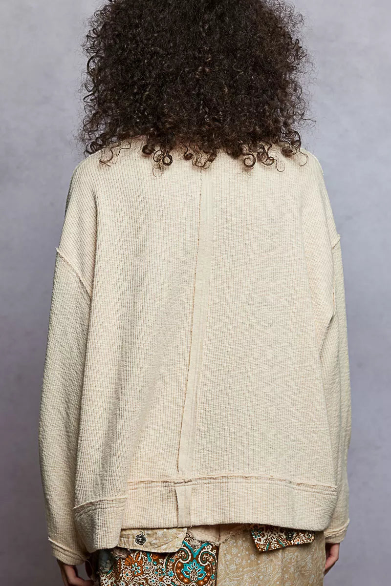 POL Powered Almond Balloon Sleeve Oversized Ribbed Top with Floral Pattern Contrast